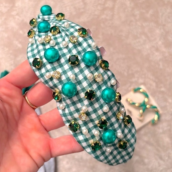 Brand New St. Patrick Day Set Green Beaded Gingham Headband Disney Socks Hoops main image 8